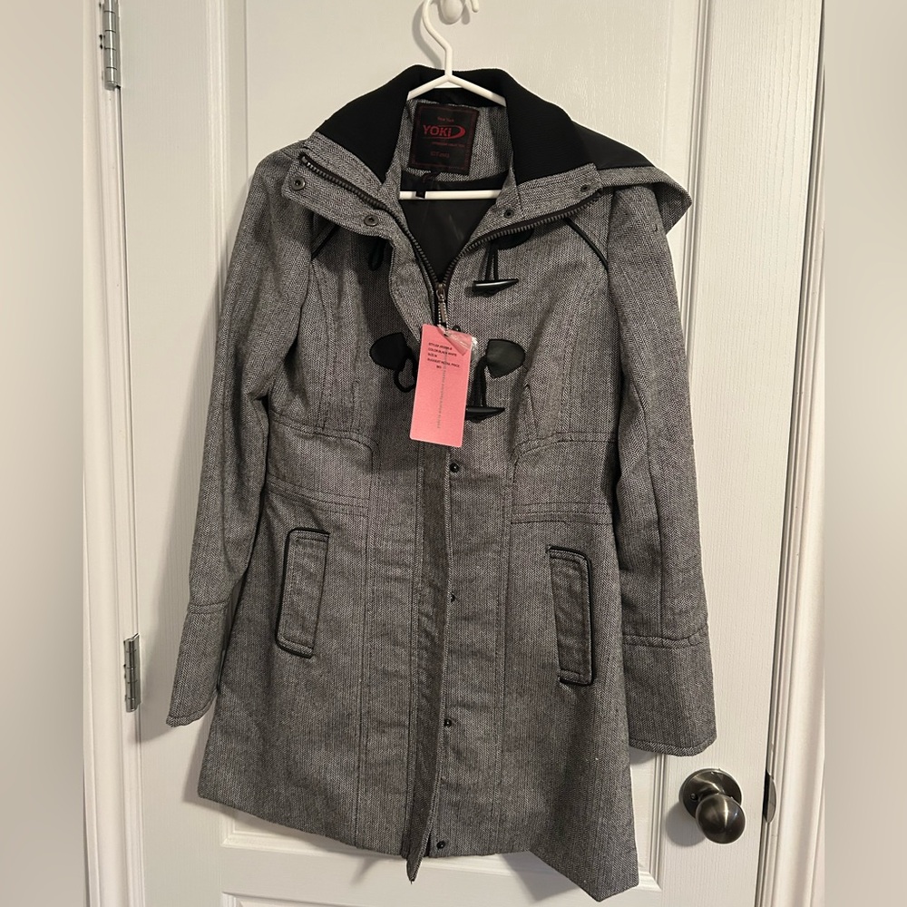 Yoki Gray Trench Coat with Black Accents